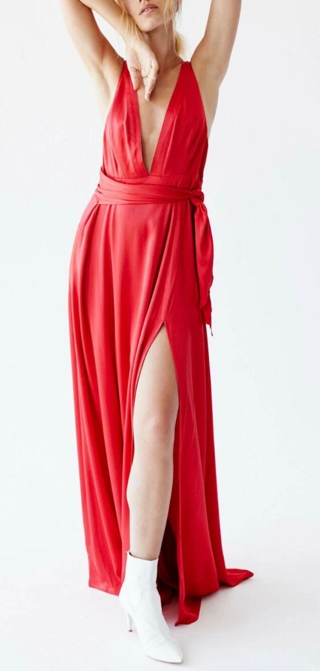 Free People Maxi Dress Eternal Love Plunging V-neck Red Satin